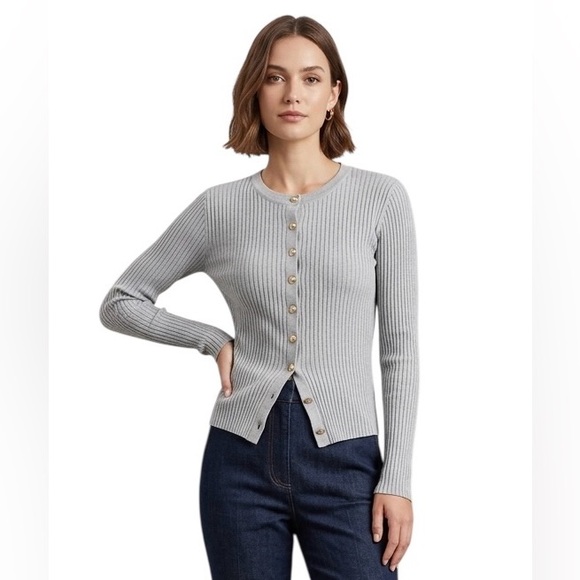 Emerson Lang Sweaters - Emerson Lang Y2K Style Gold Button Down Ribbed Knit Cardigan Gray Size Medium